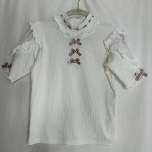 Noemie Kawaii blouse white pink bows romantic mock neck short sleeve